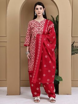 Rajnandini - Red Cotton Blend Geometric Kurta with Salwar and Dupatta