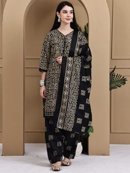 Rajnandini - Black Cotton Blend Geometric Printed Kurta with Salwar and Dupatta