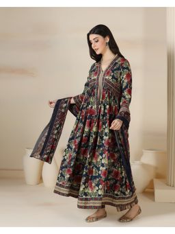MIZAZJAIPUR - Women Cotton Floral Printed V-Neck Flared Anarkali Kurta with Pant and Dupatta