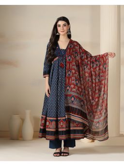 MIZAZJAIPUR - Blue Cotton Floral Mirror Work V-Neck Anarkali Kurta with Pant and Dupatta