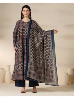 MIZAZJAIPUR - Women Cotton Printed Keyhole Neck Flared Anarkali Kurta with Pant and Dupatta