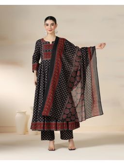 MIZAZJAIPUR - Women Black Cotton Floral Printed Flared Anarkali Kurta with Pant and Dupatta