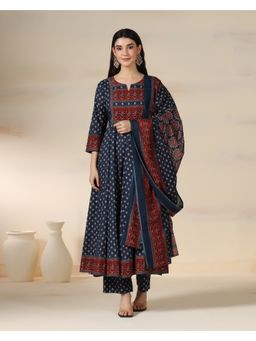 MIZAZJAIPUR - Women Blue Cotton Floral Printed Flared Anarkali Kurta with Pant and Dupatta