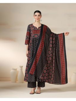 MIZAZJAIPUR - Women Cotton Floral Sequin Work Flared Anarkali Kurta with Pant and Dupatta