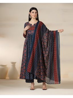 MIZAZJAIPUR - Blue Cotton Floral Sequin Work Flared Anarkali Kurta with Pant and Dupatta