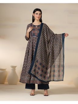 MIZAZJAIPUR - Women'S Cotton Printed Mirror Work Flared Anarkali Kurta with Pant and Dupatta