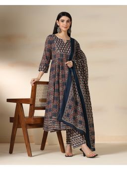 MIZAZJAIPUR - Women Cotton Printed Mirror Work Flared Anarkali Kurta with Pant and Dupatta