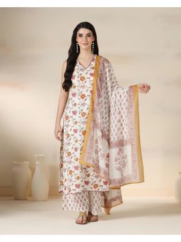 MIZAZJAIPUR - Women Cotton Floral Lace Work V-Neck Kurta with Pant and Dupatta