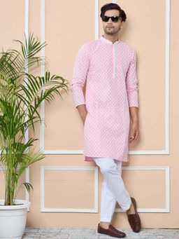 See Designs - Pink Ethnic Motifs Embroidered Mandarin Collar Straight Kurta