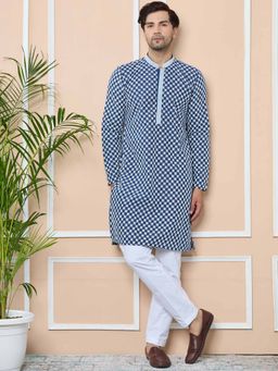 See Designs - Blue Ethnic Motifs Embroidered Mandarin Collar Straight Kurta