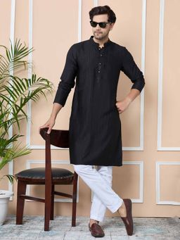 See Designs - Black Jacquard Mandarin Collar Straight Kurta