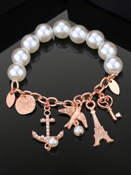 Estele - Estelle Rose Gold Plated Geometric Designer Charm Bracelet with White Pearl for Women