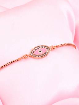Estele - Estelle Rose Gold Plated Pink Evil Eye Designer Charm Bracelet with Crystals for Women