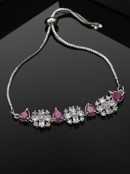 Estele - Estelle Rhodium Plated Cubic Zirconia Flower Designer Bracelet with Ruby Crystals for Women