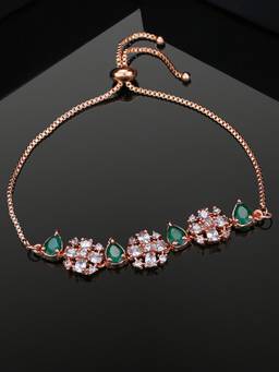 Estele - Estelle Rose Gold Plated Cubic Zirconia Flower Designer Bracelet with Green Stones for Women