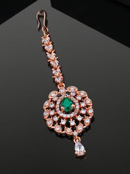 Estele - Estelle Rose Gold Plated Cubic Zirconia Maang Tikka with Emerald and White Crystals