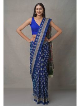 Unnati Silks - Blue Pure Block Printed Cotton Saree with Unstitched Blouse