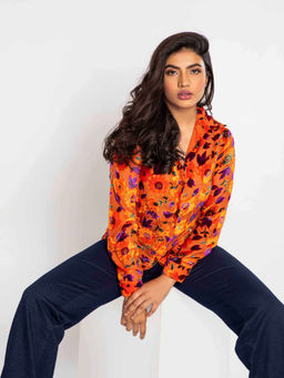 How When Wear - Orange Floral Velvet Print Shirt