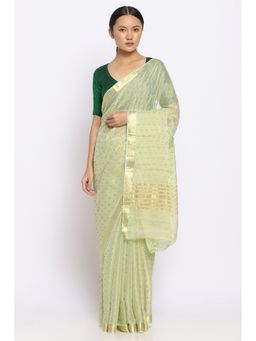 Via East - Metallic Green Georgette Embroidered Saree with Unstitched Blouse