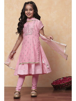 Biba - Girls Pink Embellished Kurta with Inner, Churidar and Dupatta (Set of 4)