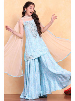 Biba - Girls Blue Printed Kurta with Sharara and Dupatta (Set of 3)