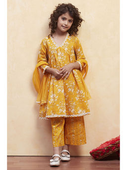 Biba - Girls Yellow Floral Kurta with Palazzo and Dupatta (Set of 3)