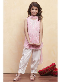 Biba - Girls Pink Embroidered Kurta with Salwar and Dupatta (Set of 3)
