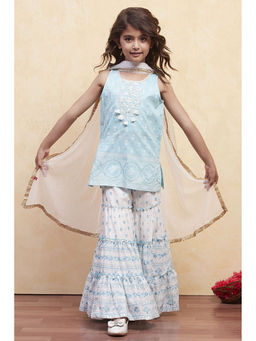 Biba - Girls Turquoise Embroidered Kurta with Sharara and Dupatta (Set of 3)