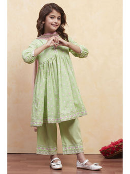 Biba - Girls Green Floral Kurta with Palazzo and Dupatta (Set of 3)