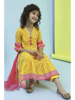 Biba - Girls Yellow Printed Kurta with Pant and Dupatta (Set of 3)