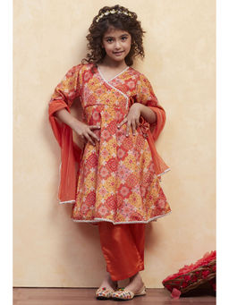 Biba - Girls Orange Floral Kurta with Pant and Dupatta (Set of 3)