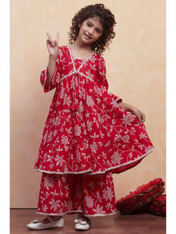 Biba - Girls Red Printed Kurta with Sharara (Set of 2)