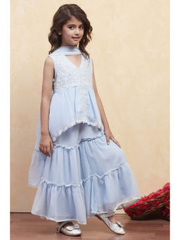 Biba - Girls Blue Embroidered Kurta with Sharara and Dupatta (Set of 3)