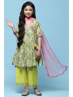 Biba - Girls Yellow Floral Kurta with Pant and Dupatta (Set of 3)