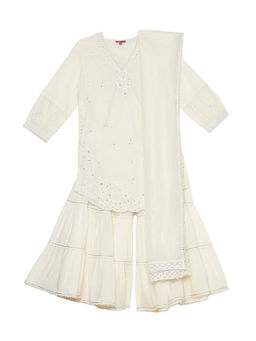 Biba - Girls White Embroidered Kurta with Sharara and Dupatta (Set of 3)