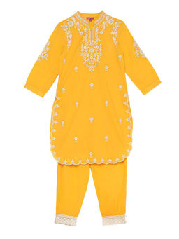 Biba - Girls Yellow Embroidered Kurta with Pant (Set of 2)
