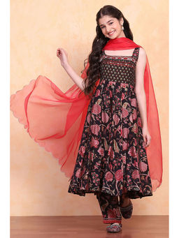 Biba - Girls Black Embroidered Anarkali Kurta with Pant and Dupatta (Set of 3)