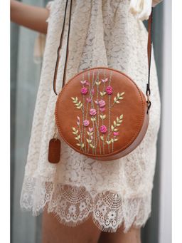 Miri - Tan Hand Embroidered Pink Rosebuds Sling Bag
