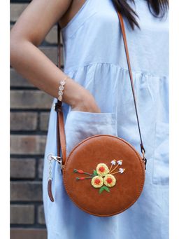 Miri - Tan Hand Embroidered Yellow Three Roses Sling Bag