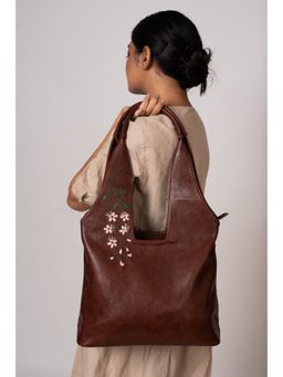 Miri - Brown Hand Embroidered Cherry Blossoms Tote Bag