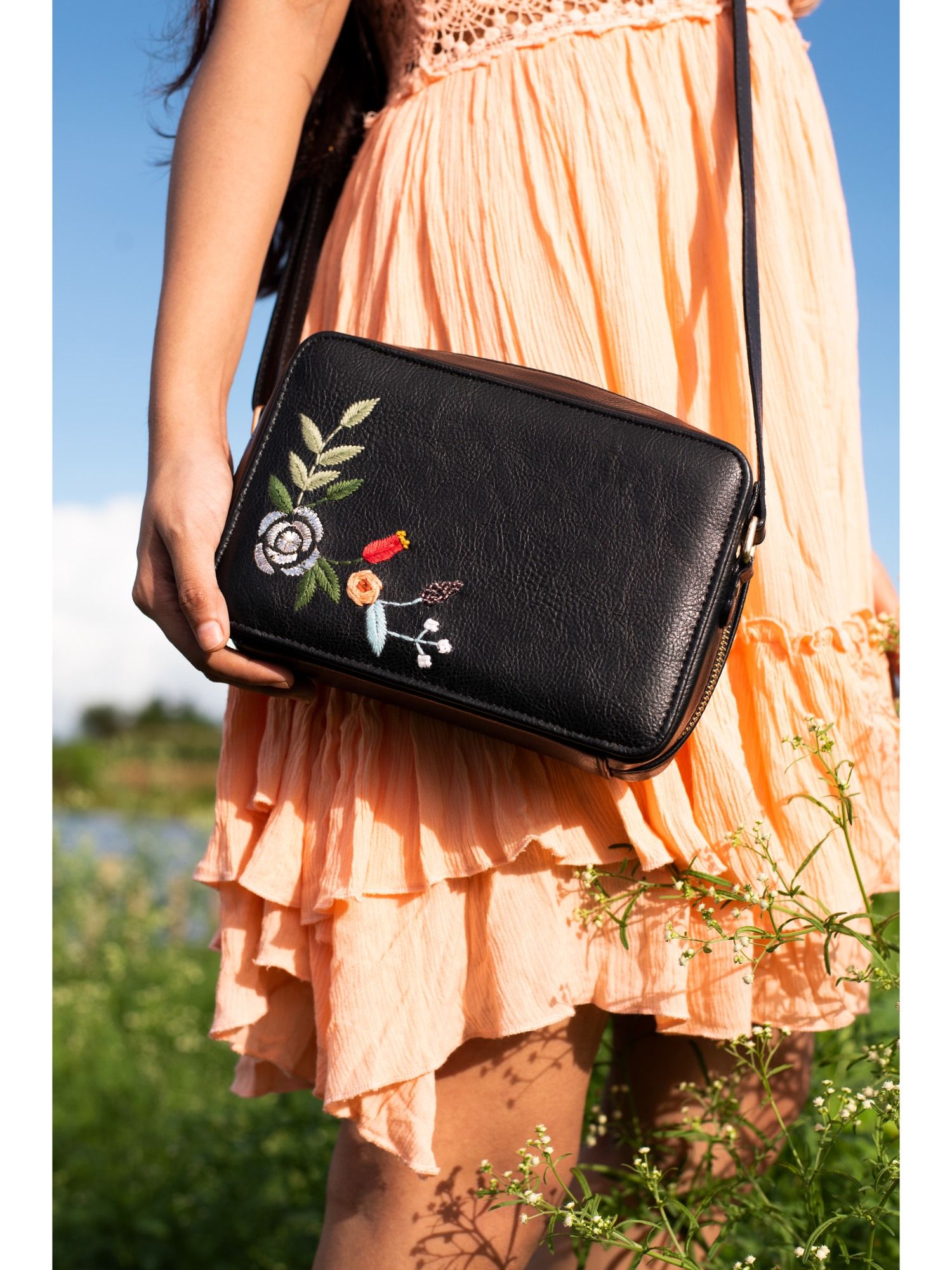 Buy Miri Black Hand Embroidered Mukaish Art Silver Rose Sling Bag