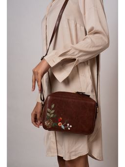 Miri - Brown Hand Embroidered Mukaish Art Golden Rose Sling Bag