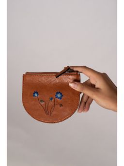 Miri - Tan Hand Embroidered Blue Poppy Mini Wallet