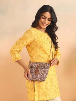 Fabindia - Brown Hand Block Printed Sling Bag with Detachable Strap