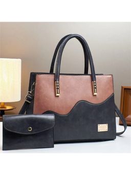 ZELION - Navy Blue Two-Tone Wave Handbag and Wallet with Detachable Strap