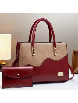 ZELION - Maroon Two-Tone Wave Handbag and Wallet with Detachable Strap