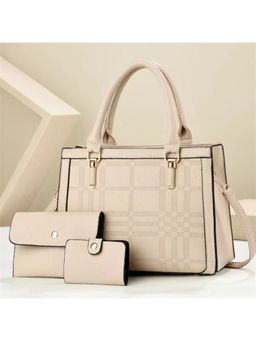 ZELION - Beige Textured Plaid Handbag and Wallet with Detachable Strap