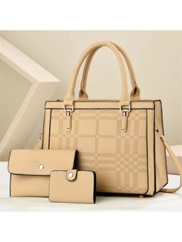 ZELION - Khaki Textured Plaid Handbag and Wallet with Detachable Strap