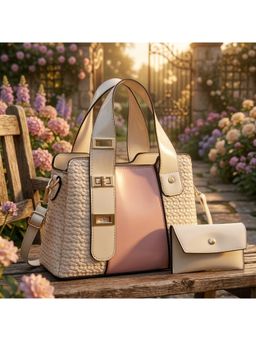 ZELION - Chic Woven Cream Tote Bag and Wallet with Detachable Strap
