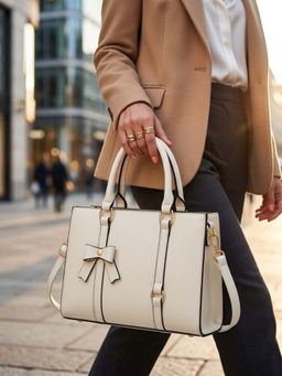 ZELION - Cream Dusty Rose Bow Satchel with Detachable Strap